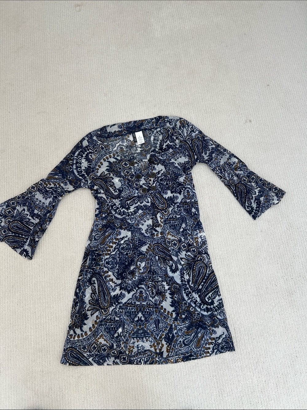 Blue Paisley Bell-Sleeve sheer beach coverup